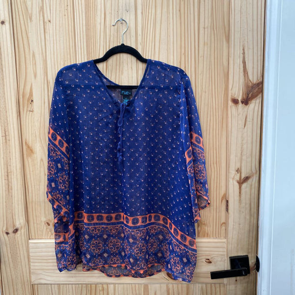WOMENS RUE + CASUAL SHEER TOP NAVY BLUE/CORAL 2X