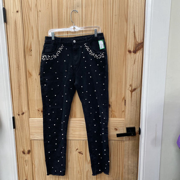 WOMEMS BLK JEANS W/PEARLS L NWT