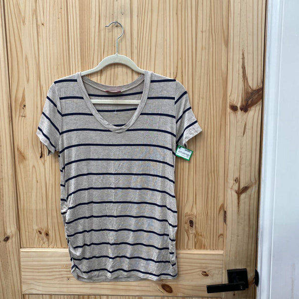 WOMENS TAUPE/NAVY BLUE STRIPE MATERNITY SHIRT M