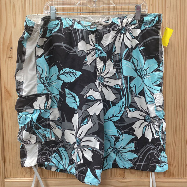 MENS SWIM TRUNKS SKY BLUE/BLK/WHITE W/FLOWERS M