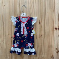 GIRLS NAVY BLUE ROMPER W/BASEBALL/FLOWER 6/12M