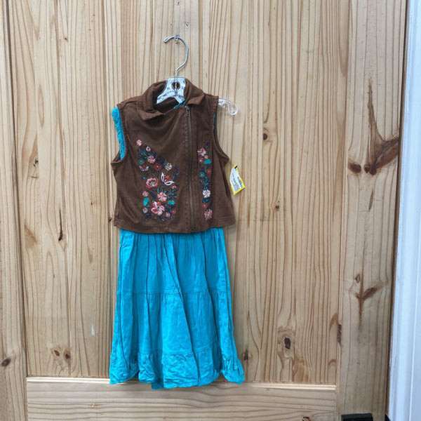 GIRLS KNIT WORKS TURQUOISE/BROWN DRESS W/VEST 4