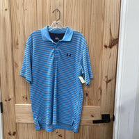 MENS UNDER ARMOUR POLO SHIRT SKY BLUE/WHITE/GREY STRIPE M