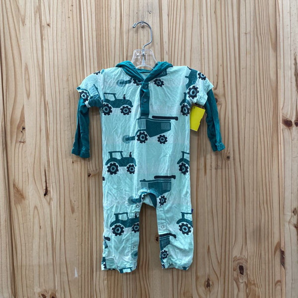 BOYS KICKEE PANTS ROMPER W/HOOD GREEN/DK GREEN W/TRACTORS 3/6M