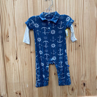 BOYS KICKEE PANTS ROMPER LS TEAL W/ANCHORS 3/6M