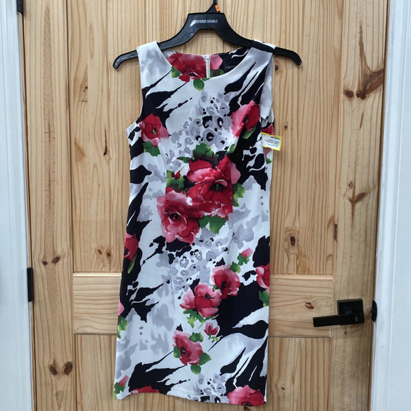 WOMENS CONNECTED APPAREL BLK/WHITE/PINK FLORAL SL DRESS 10