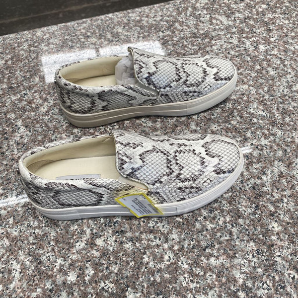 WOMENS STEVE MADDEN SNAKSKIN DESIGN SLIP ON SHOES LT BLK/WHITE 8 LIKE NEW