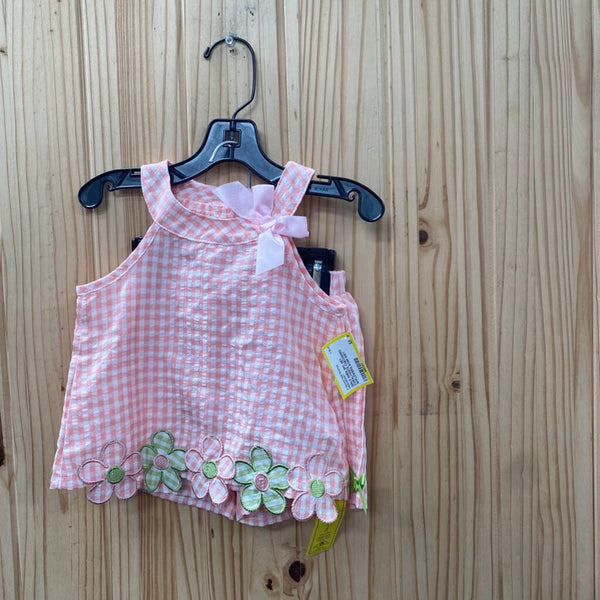 GIRLS SHEIN 2PC SET CORAL/WHITE CHECKERED W/FLOWERS 9/12M NWT