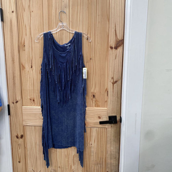 WOMENS WRANGLER NAVY BLUE SL DRESS W/FRINGES L NWT