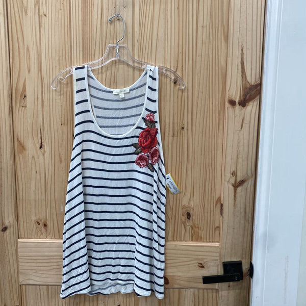 WOMENS NINE BRITTON SL BLK/WHITE STRIPE SL TOP W/FLOWERS L