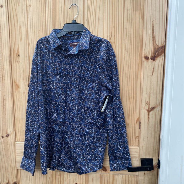 MENS JOHNSTON & MURPHY LS BUTTON UP SHIRT NAVY BLUE/BROWN L