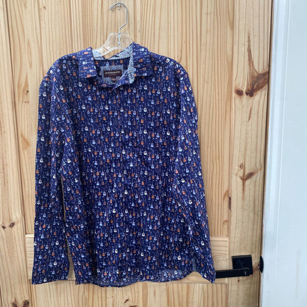 MENS JOHNSTON & MURPHY LS BUTTON UP SHIRT NAVY BLUE W/GUITARS L
