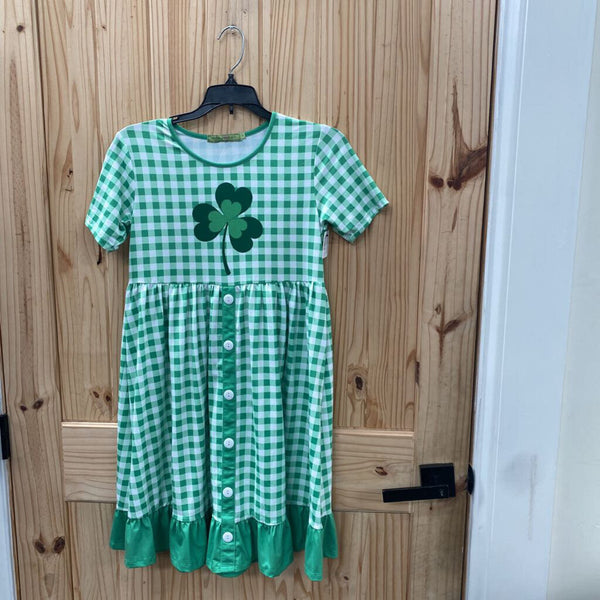 GIRLS GREEN/WHITE CHECKERED DRESS W/CLOVER 14