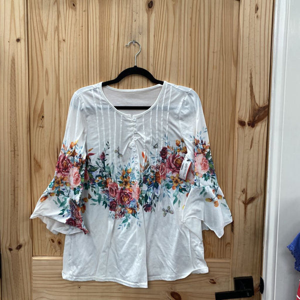 WOMENS WHITE FLORAL LS SHIRT M