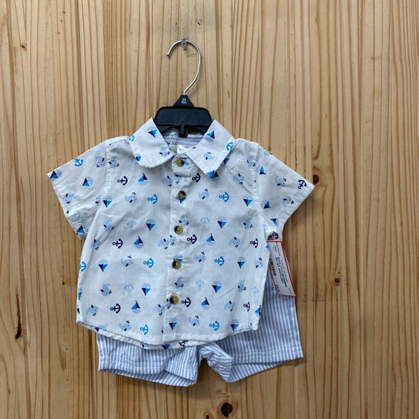 BOYS LITTLE BEGINNINGS 2PC SET WHITE/LINEN W/SAILBOATS 6/9M