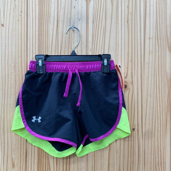 GIRLS UNDER ARMOUR SHORTS PURPLE/BLK/LIME GREEN YSM 8