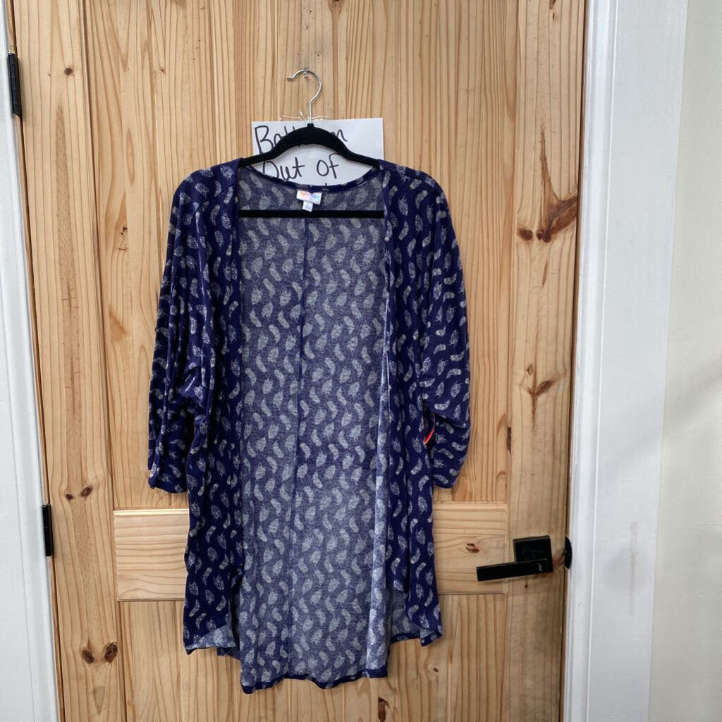 WOMENS LULAROE BLUE CARDIGAN W/FEATHERS L