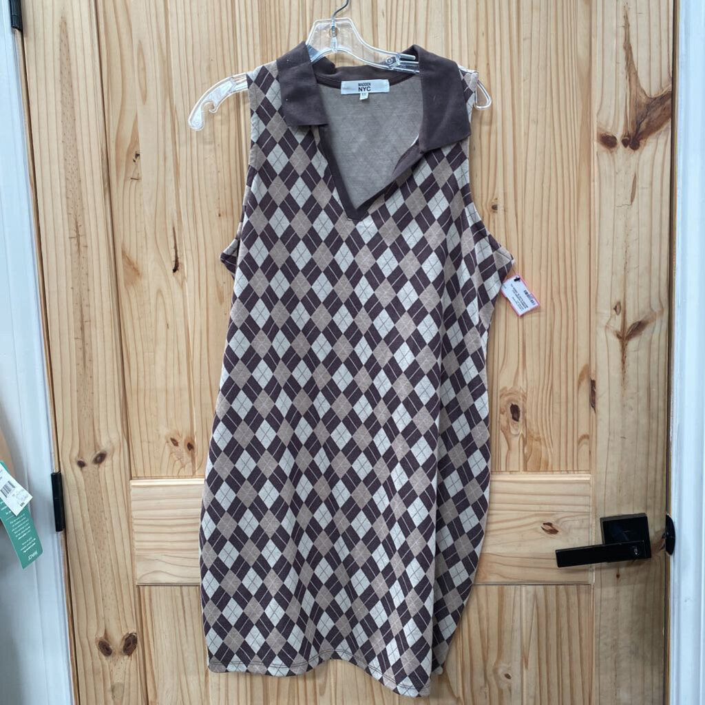 WOMENS MADDEN NYC BROWN PLAID SL DRESS XXL