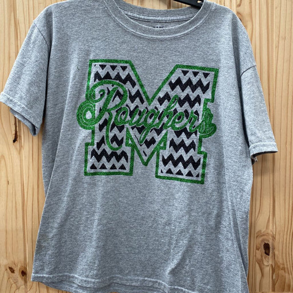 GIRLS M ROUGHER GREY T-SHIRT W/GREEN/BLK GLITTER L 14/16