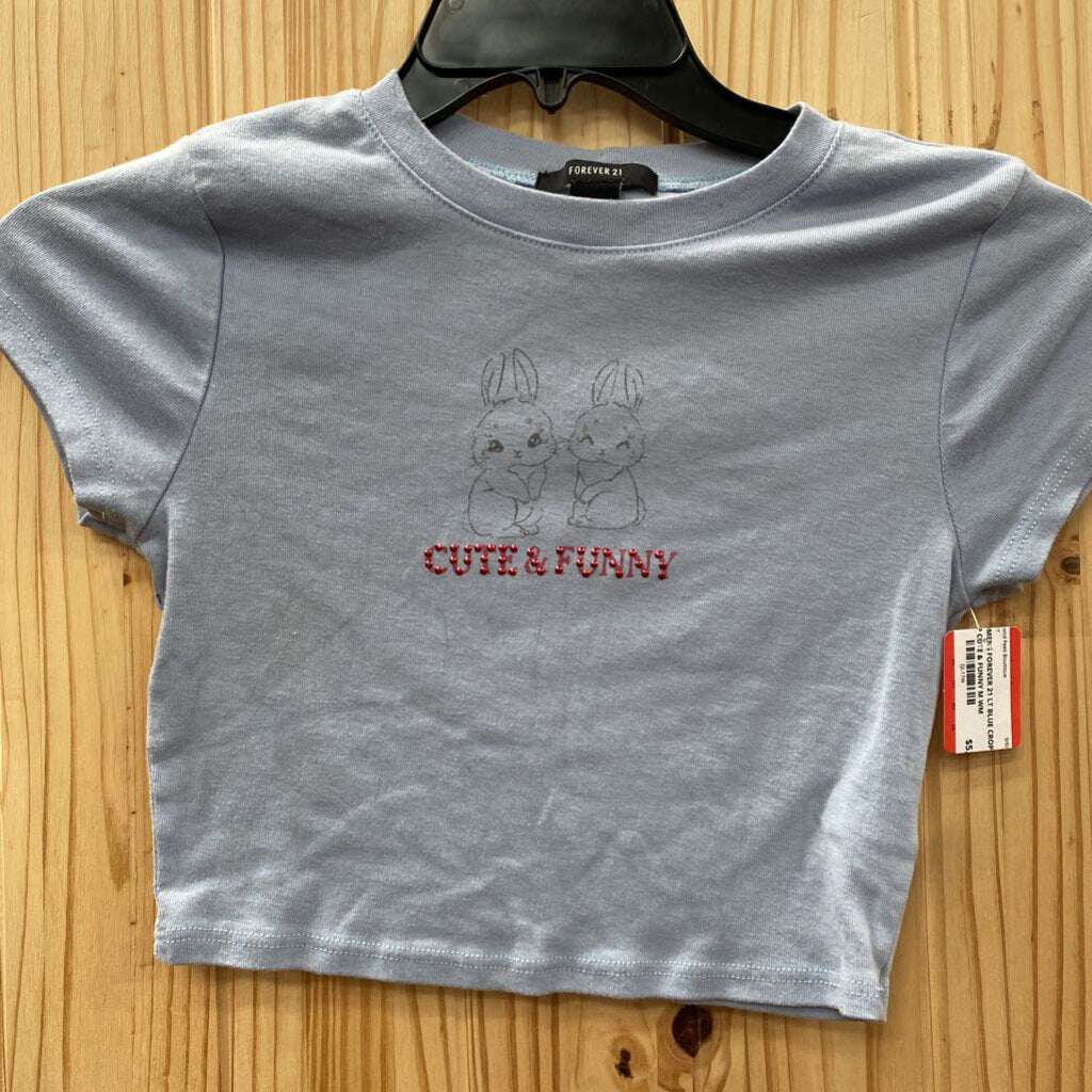 WOMENS FOREVER 21 LT BLUE CROP TOP CUTE & FUNNY M