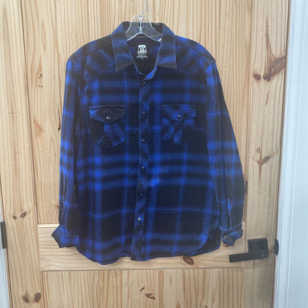 MENS ROUTE 66 FLANNEL SHIRT BLUE/BLK PLAID L