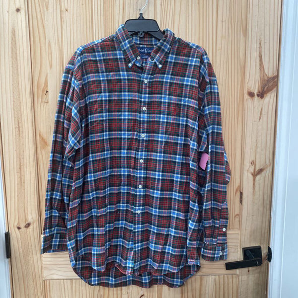 MENS RALPH LAUREN LS BUTTON UP RED/GREEN/SKY BLUE PLAID SHIRT L