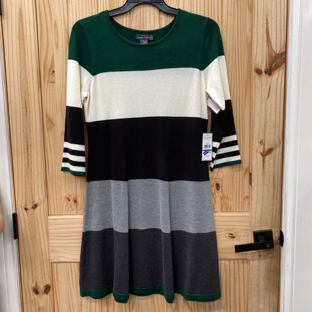 WOMENS JESSICA HOWARD LS DRESS DK GREEN/WHITE/BLK L NWT
