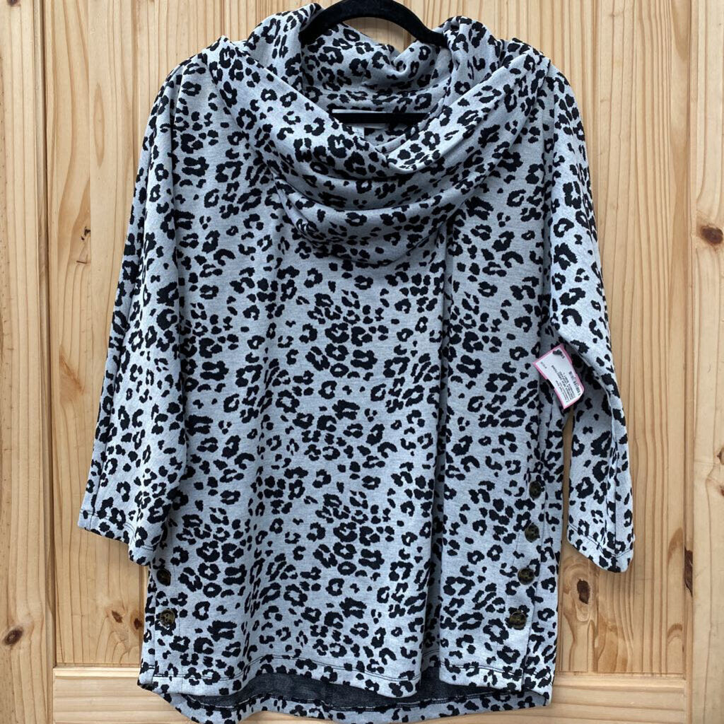 WOMENS NEW DIRECTIONS GREY/BLK LEOPARD COWNECK SHIRT L