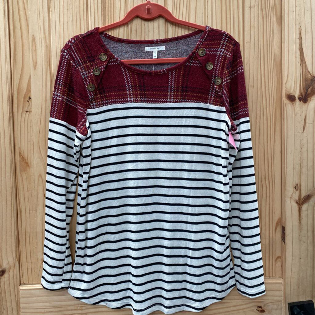 WOMENS MAURICES CASUAL TOP WINE/BLK/WHITE M NWT