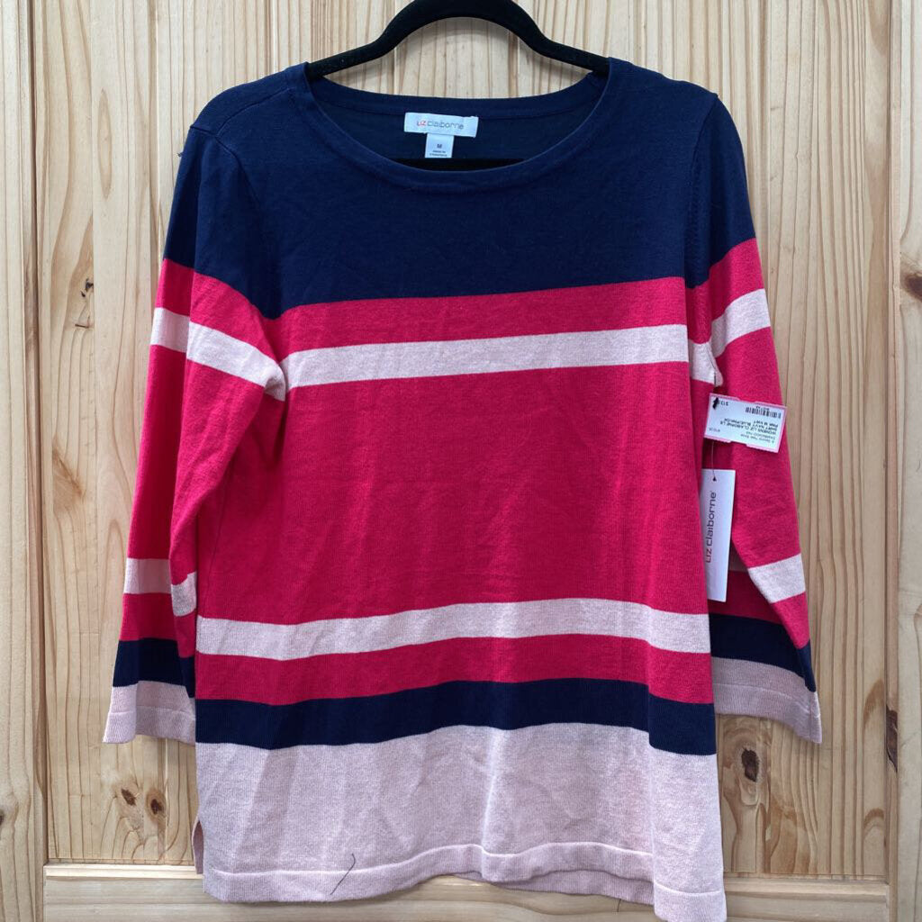 WOMENS LIZ CLAIBORNE LS SHIRT NAVY BLUE/PINK/DK PINK M NWT