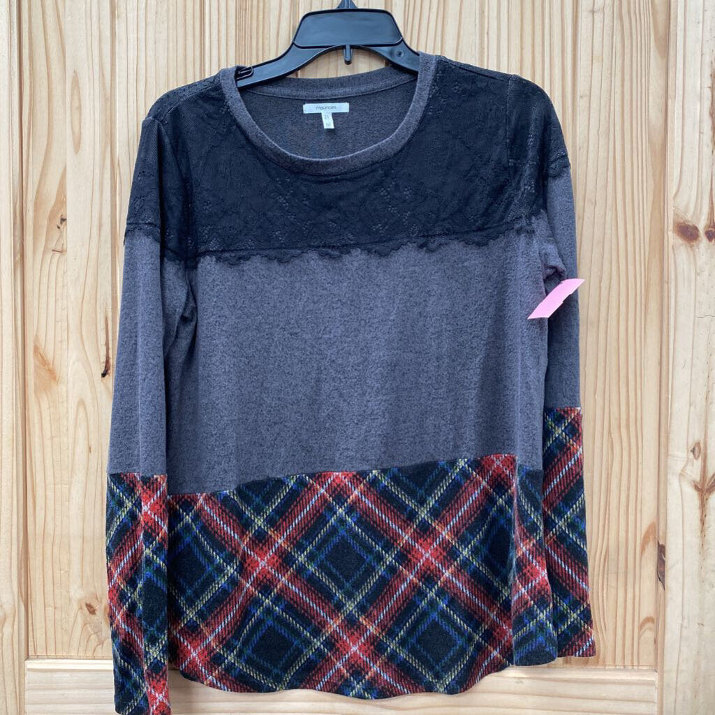 WOMENS MAURICES GREY/BLK/PLAID LS SHIRT M