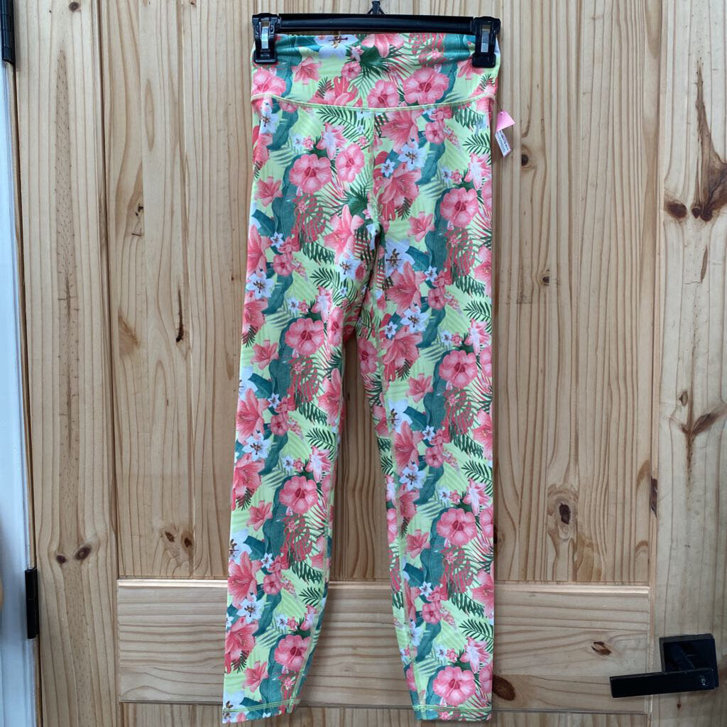 WOMENS MUSCLE NATION PINK/GREEN FLORAL RUCHED LEGGINGS S