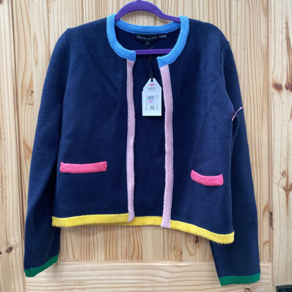 WOMENS ENGLISH FACTORY SWEATER CARDIGAN NAVY BLUE/PINK/YELLOW M NWT