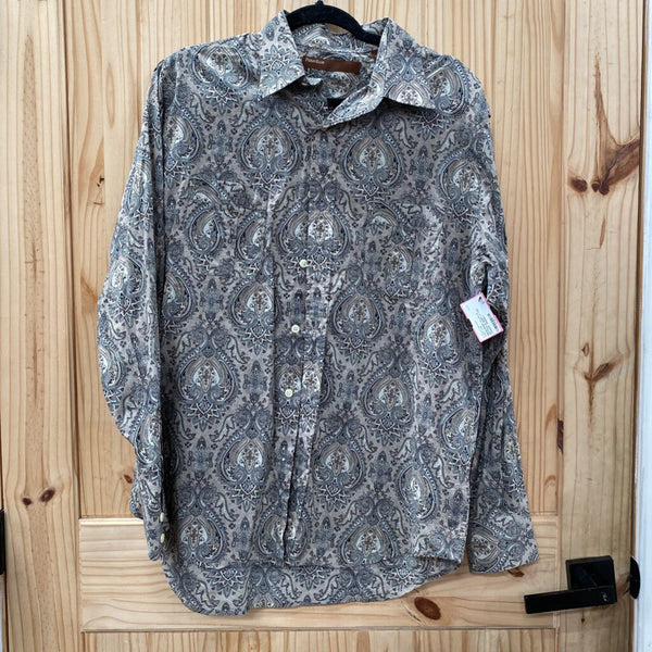 MENS PERRY ELLIS LS BUTTON UP SHIRT LT TAN PAISLEY DESIGN L