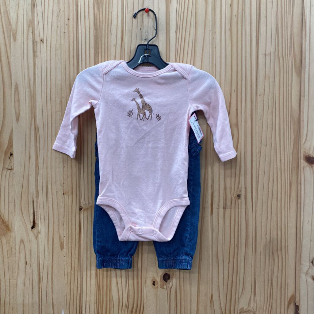 GIRLS 2PC SET DENIM/PINK W/GIRAFEES 6/9M