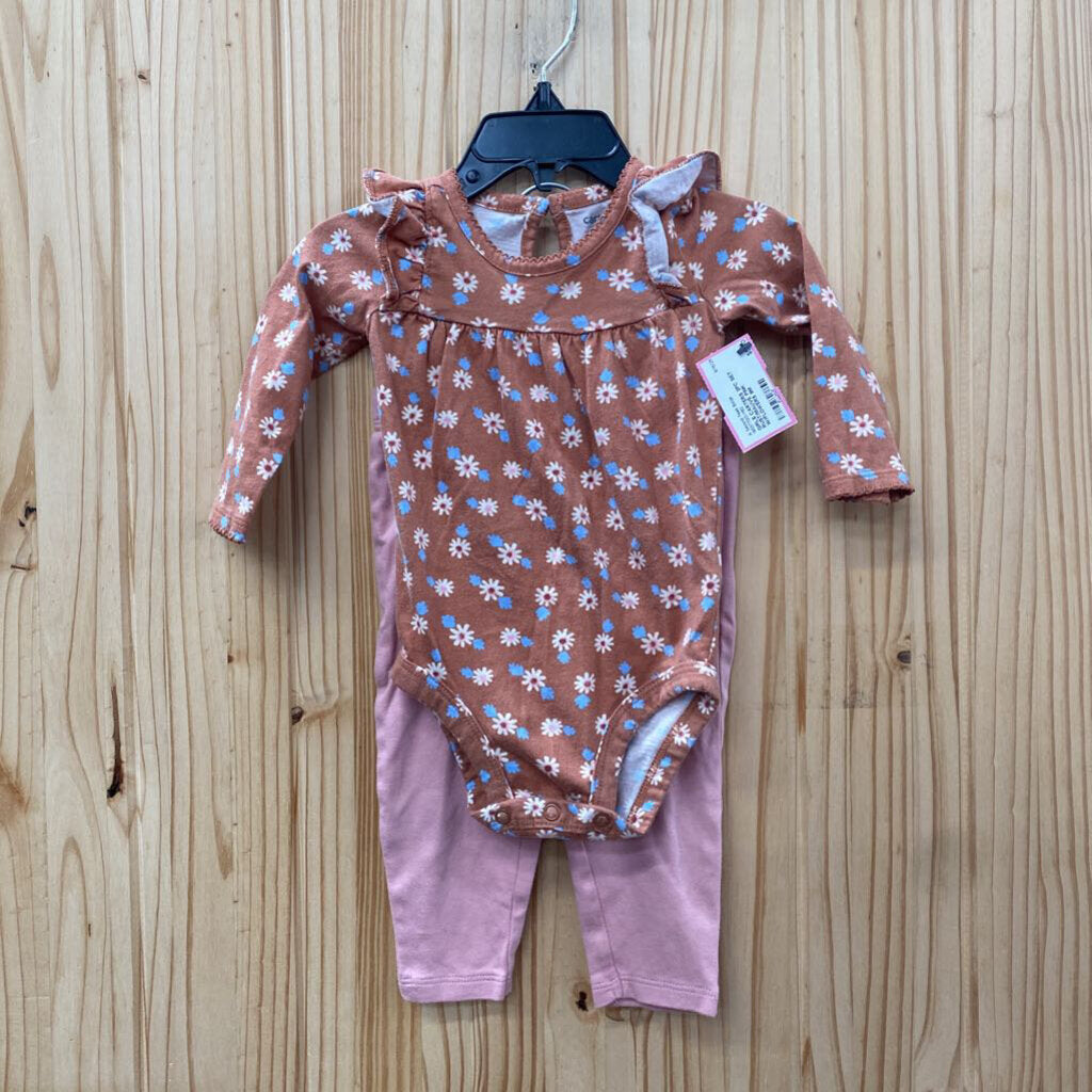 GIRLS CARTERS 2PC SET RUST/MAUVE PINK W/FLOWERS 9M