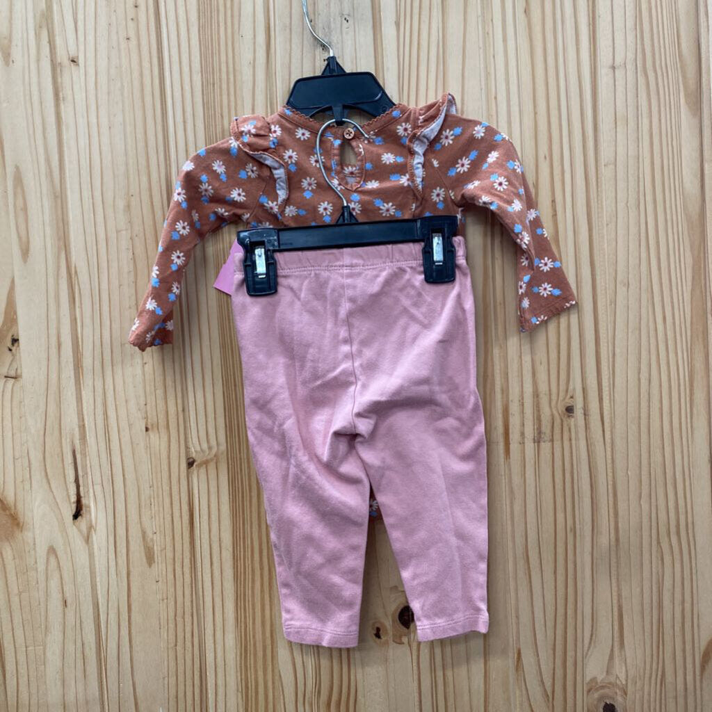 GIRLS CARTERS 2PC SET RUST/MAUVE PINK W/FLOWERS 9M