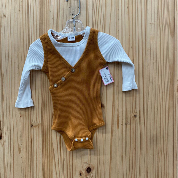 GIRLS MUSTARD/WHITE LS ONESIE SHIRT 9/12M
