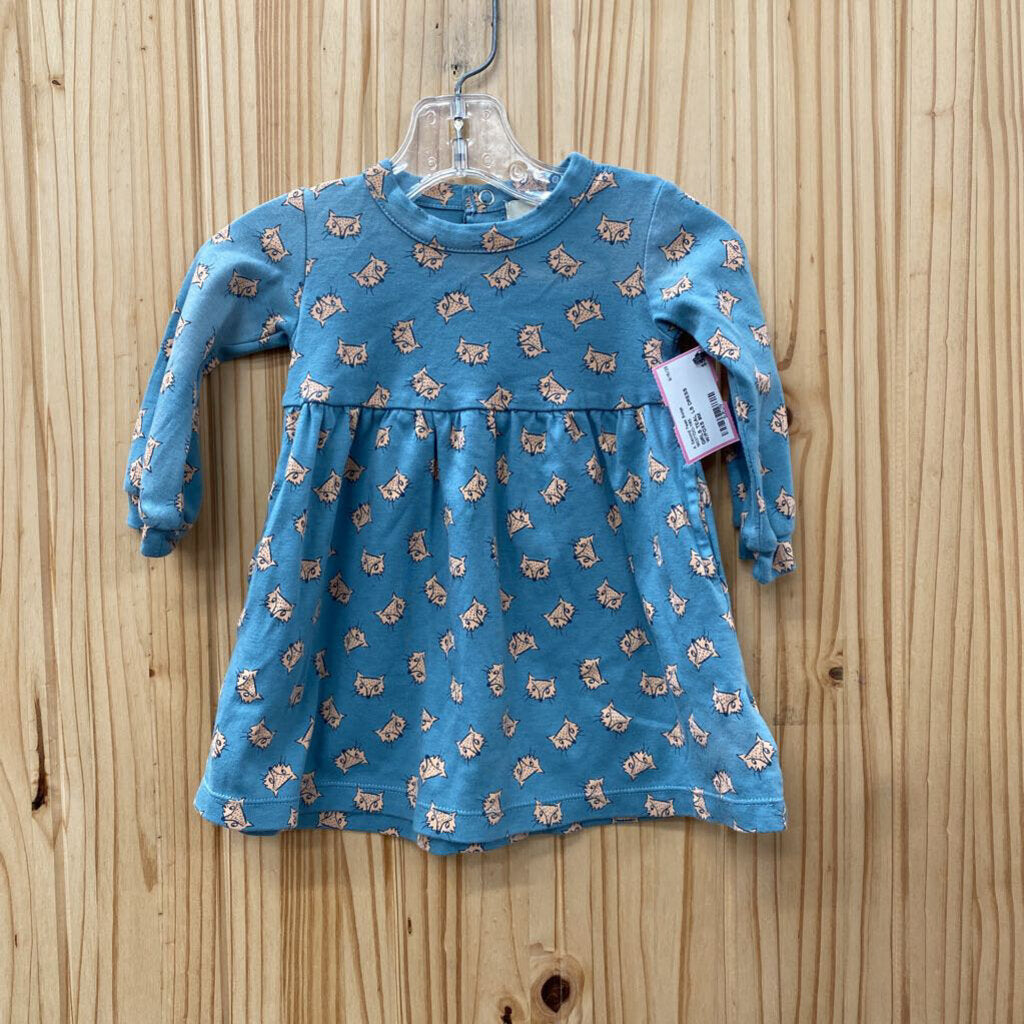 GIRLS TEAL LS DRESS W/FOXS 9M