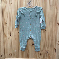 GIRLS H&M GREEN LS ROMPER FLORAL 9M