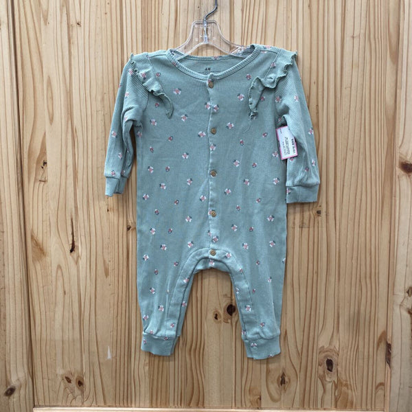 GIRLS H&M GREEN LS ROMPER FLORAL 9M