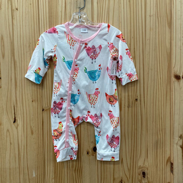 GIRLS WHITE LS ROMPER W/HENS 3/6M