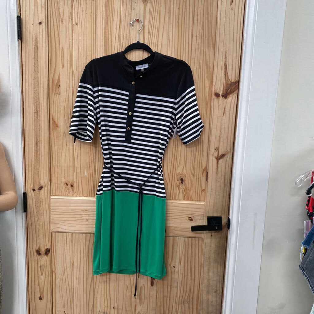 WOMENS CALVIN KLEIN CASUAL DRESS BLK/WHITE/GREEN L