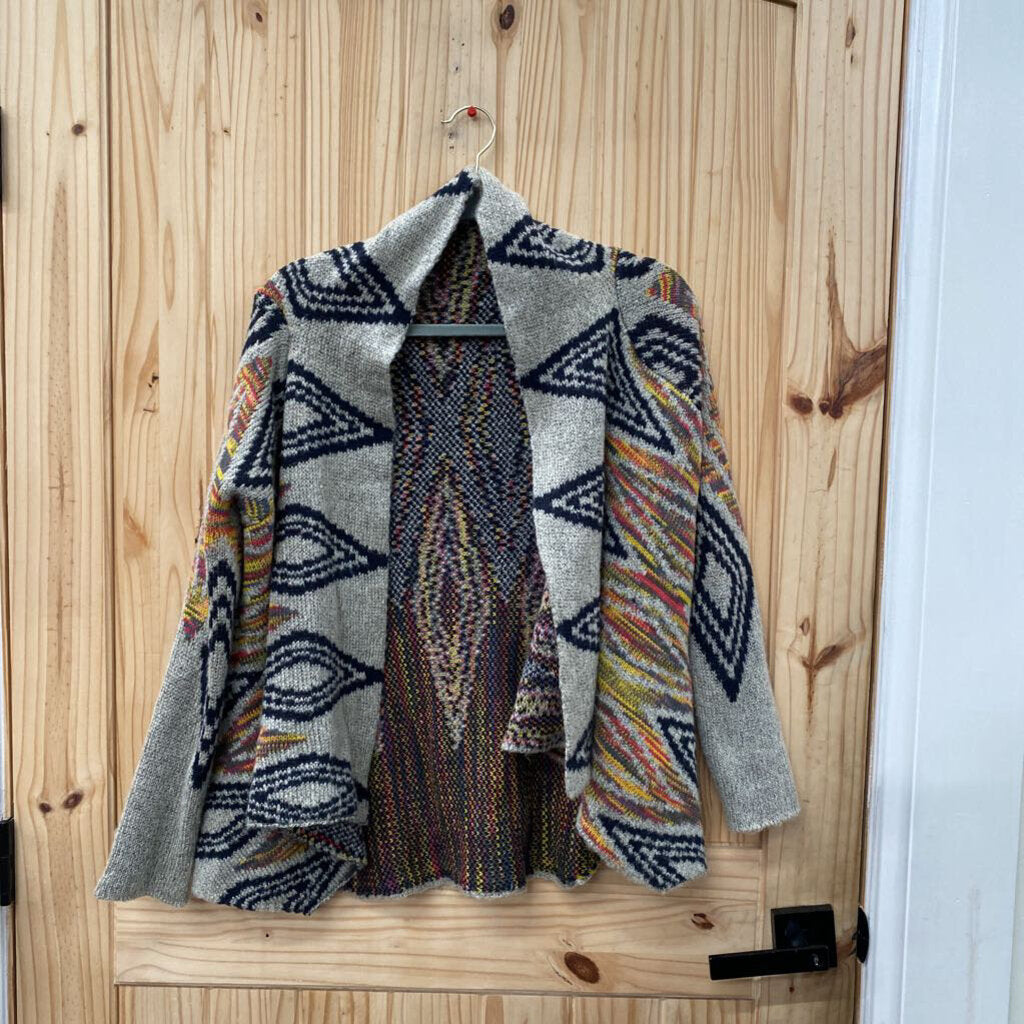WOMENS WOVEN HEART SWEATER CARDIGAN TAUPE/NAVY BLUE/MULTI COLOR M