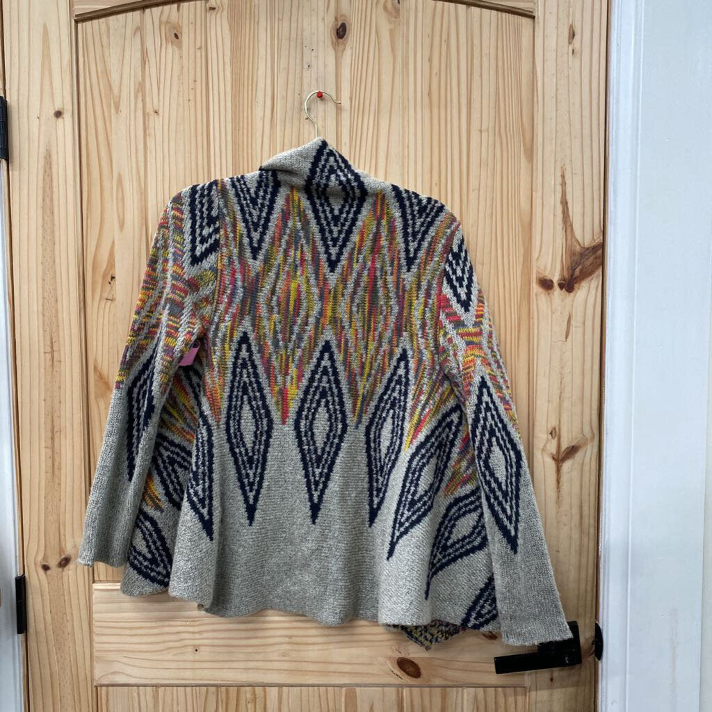 WOMENS WOVEN HEART SWEATER CARDIGAN TAUPE/NAVY BLUE/MULTI COLOR M
