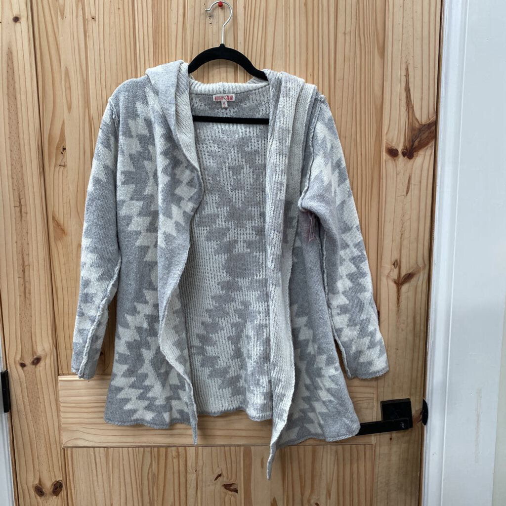 WOMENS WOVEN HEART SWEATER CARDIGAN W/HOOD GREY/WHITE M