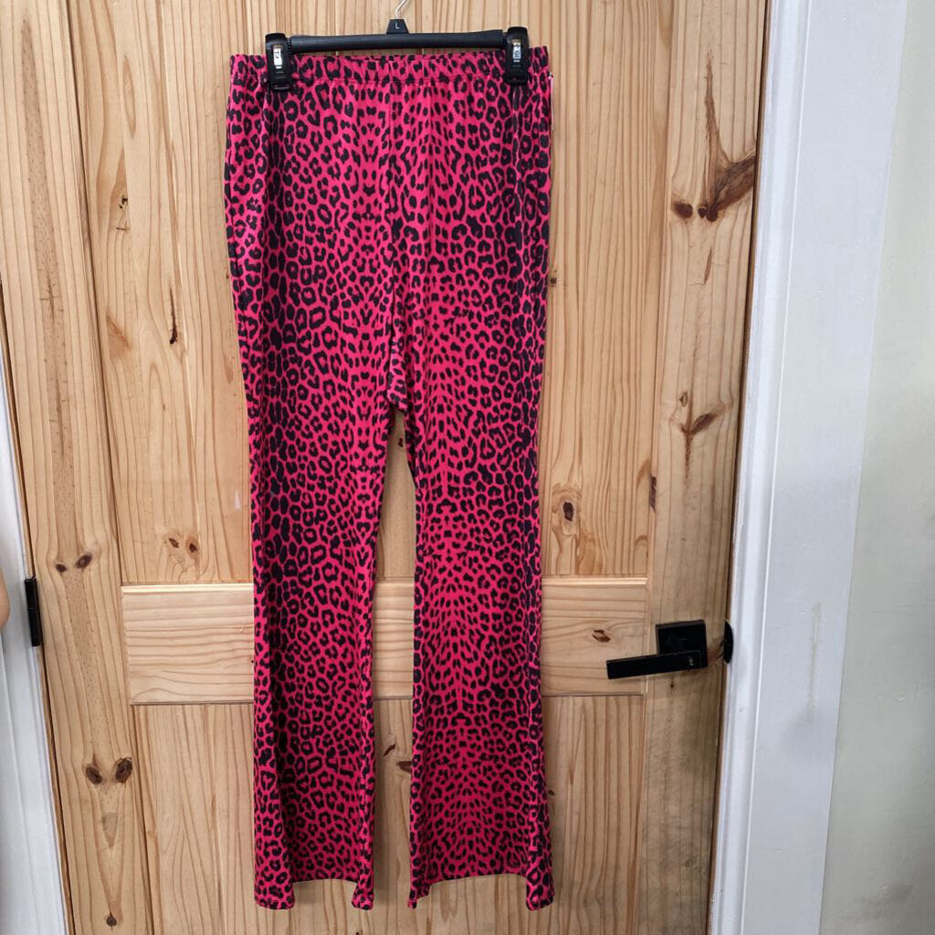 WOMENS SHEIN BLK/PINK LEOPARD BELL BOTTOM PANTS L NWT