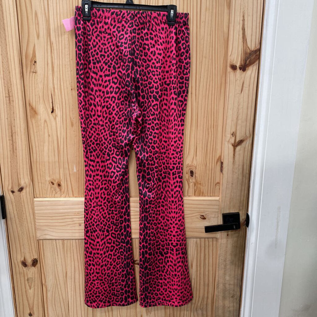 WOMENS SHEIN BLK/PINK LEOPARD BELL BOTTOM PANTS L NWT