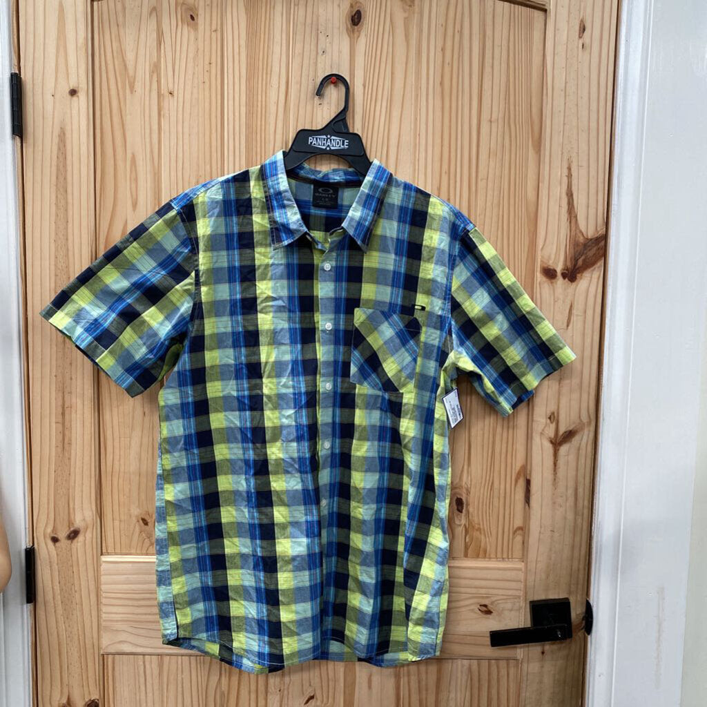 MENS OAKLEY BUTTON UP SHIRT PLAID LIME GREEN/BLUE/RED L