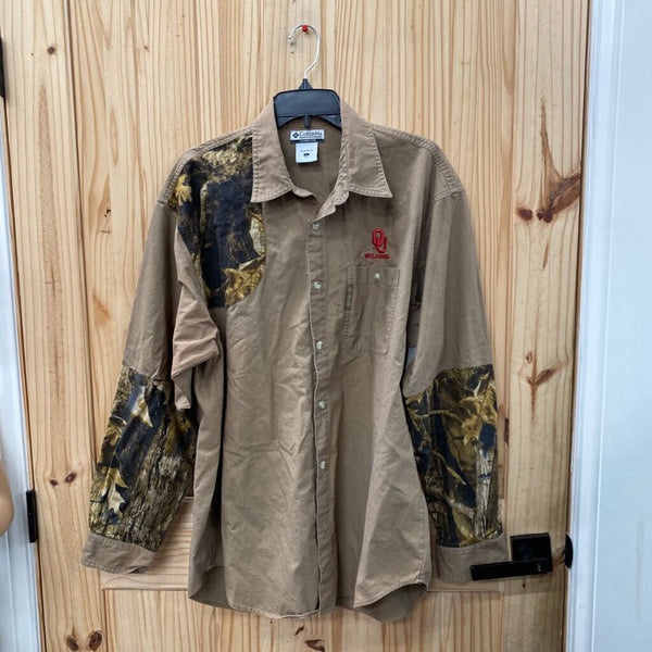 MENS COLUMBIA OU OKLAHOMA LS TAUPE/CAMO SHIRT L